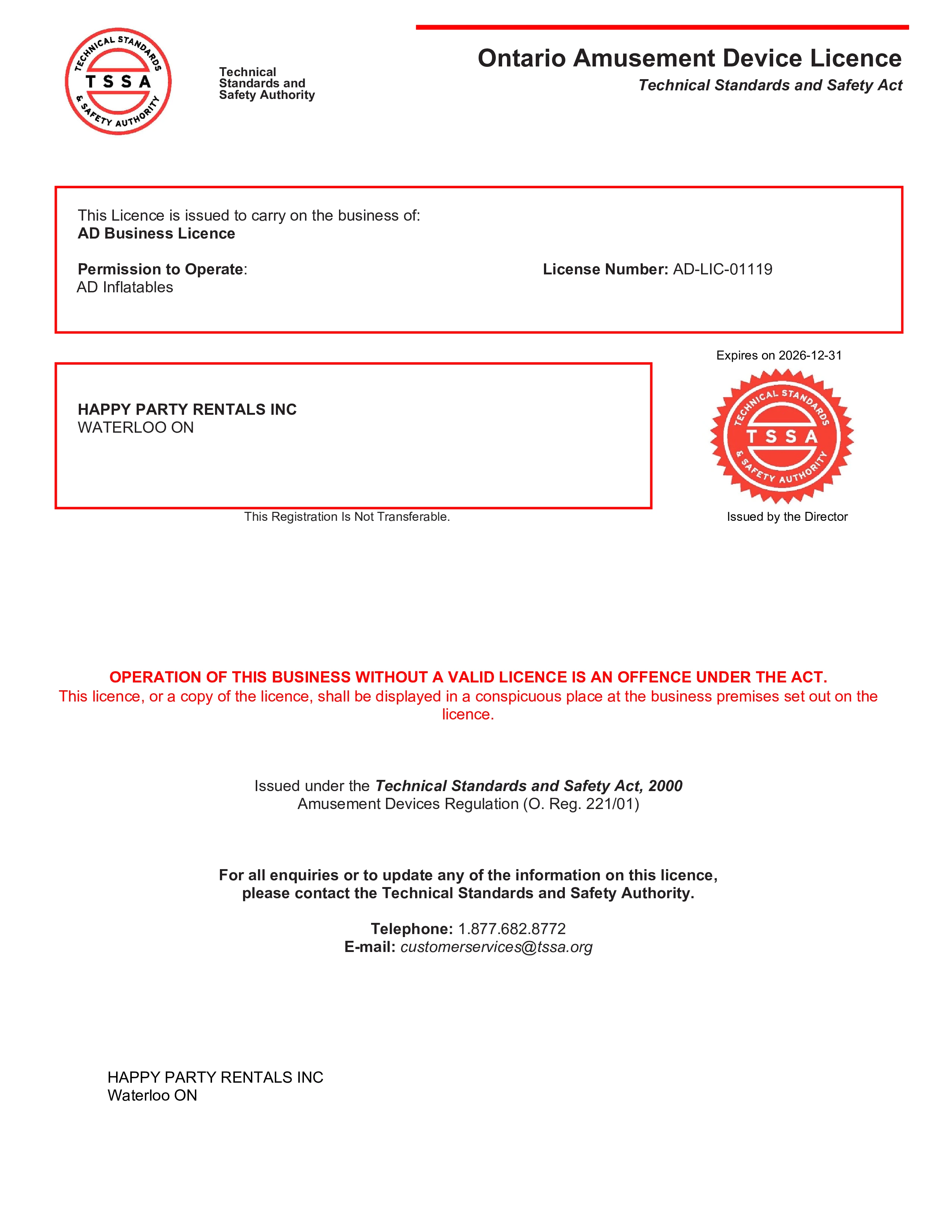 TSSA License for Happy Party Rentals